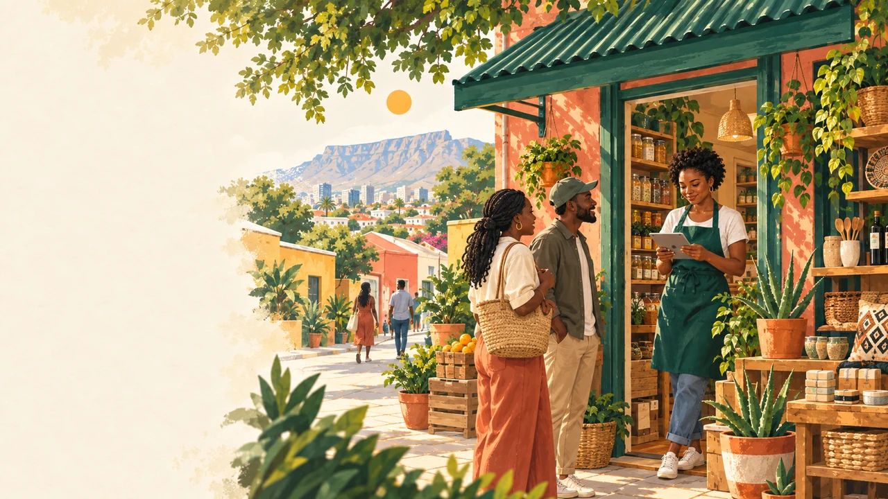 A South African shopkeeper welcoming neighbours to her sunny local shop