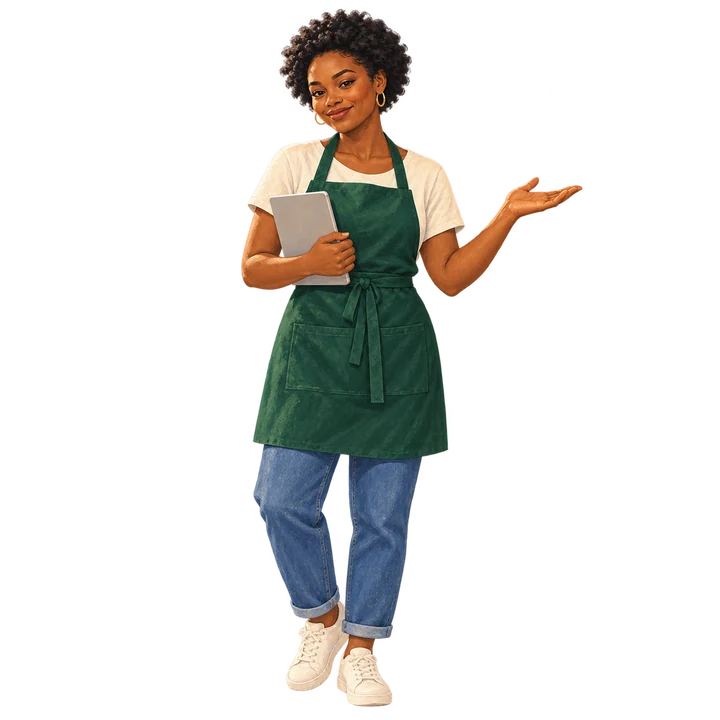 A welcoming South African shopkeeper holding a tablet